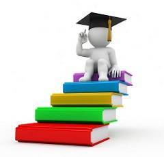Cartoon illustration of a figure sitting on a stack of books wearing a graduation cap